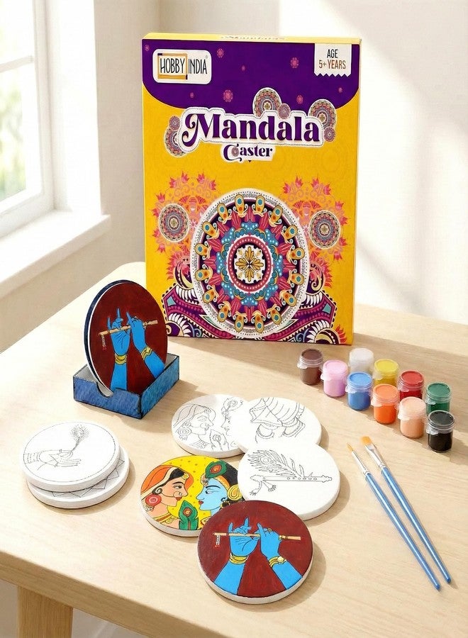 HOBBY INDIA DIY Mandala Coaster Art Craft Painting Kit Set for Kids & Adults | Pre-Marked Wooden MDF Materials, Gift for Boys & Girls, Home, Office, Activity, Coloring Tea Cup Table Birthday Kitchen (Krishna Mandala Costers) - Image 1
